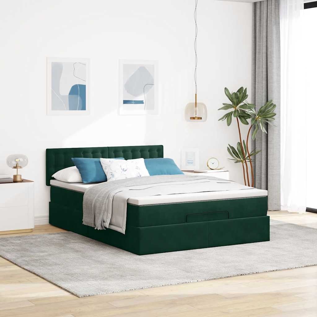 Cadre de lit ottoman avec matelas vert foncé 140x190 cm velours - XIOS