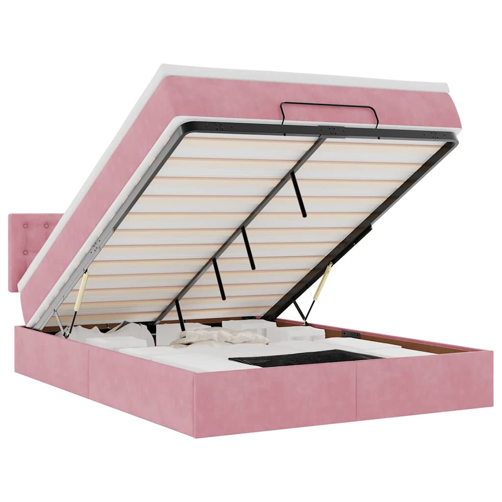 Cadre de lit ottoman avec matelas rose 140x190 cm velours - XIOS