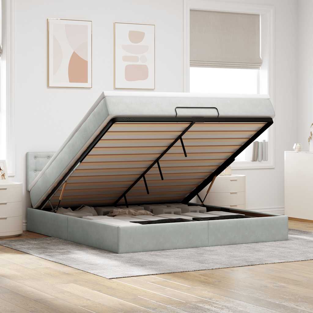 Cadre de lit ottoman avec matelas gris clair 160x200 cm velours - XIOS