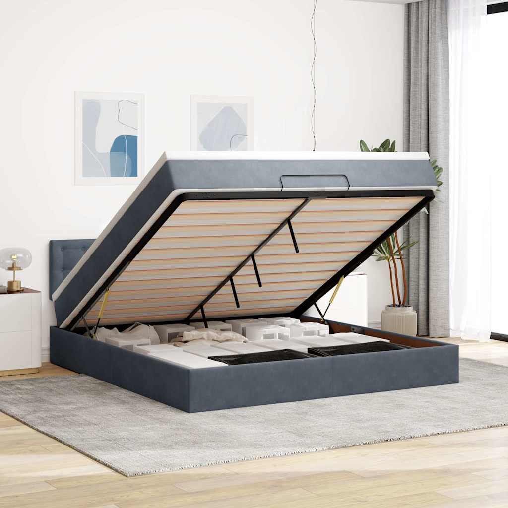 Cadre de lit ottoman avec matelas gris foncé 160x200 cm velours - XIOS