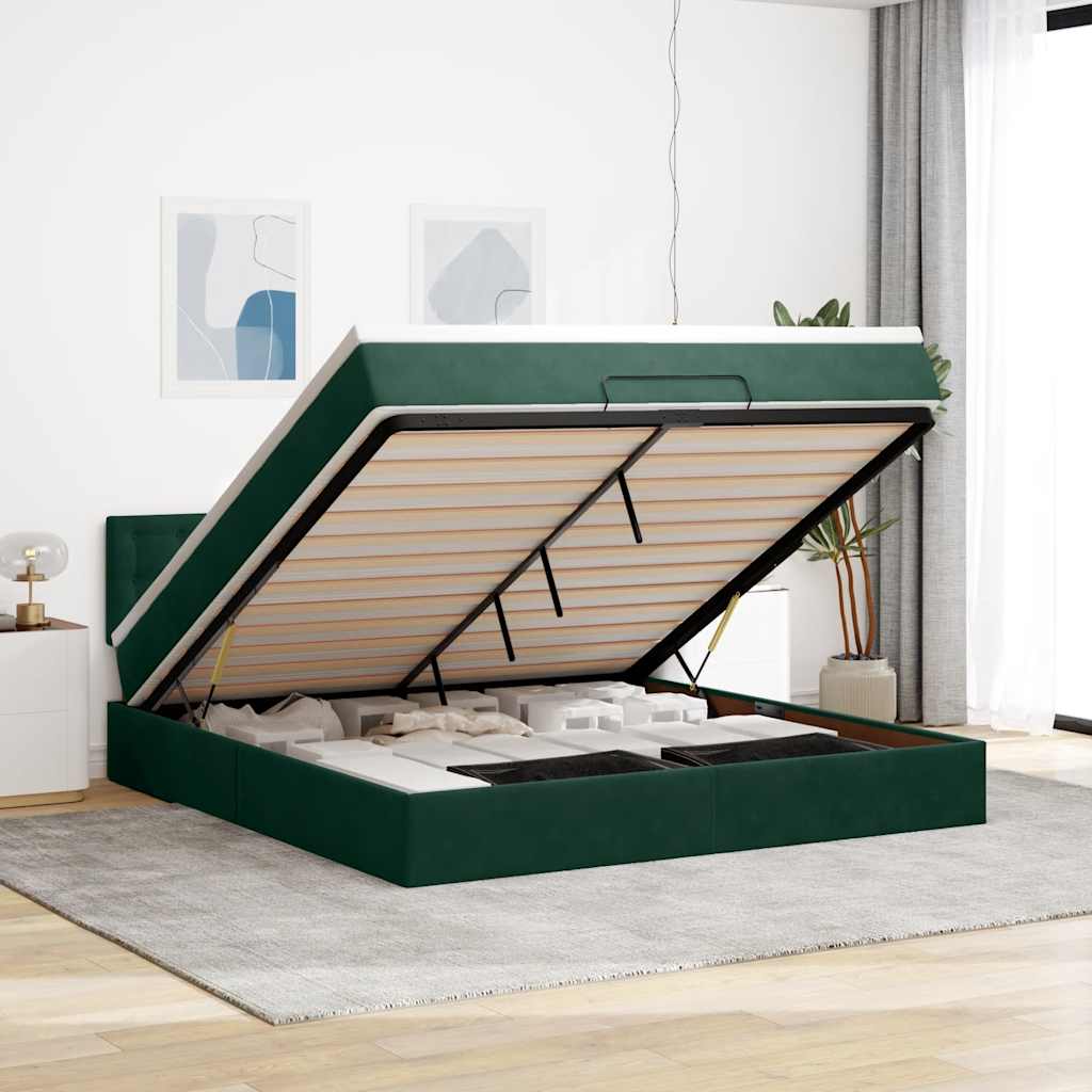 Cadre de lit ottoman avec matelas vert foncé 160x200 cm velours - XIOS