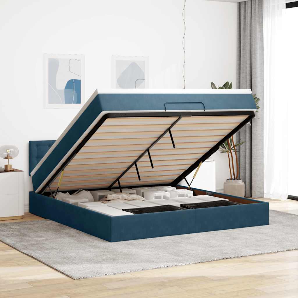 Cadre de lit ottoman avec matelas bleu foncé 160x200 cm velours
