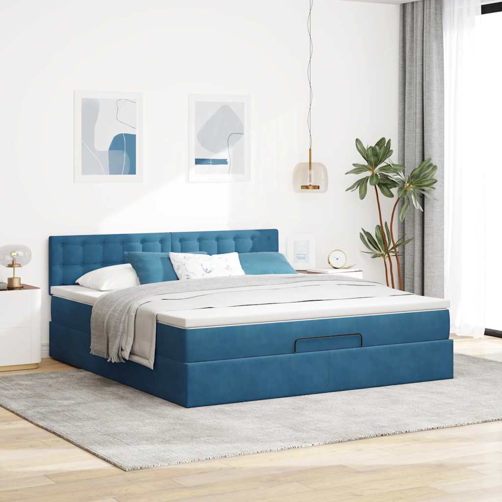 Cadre de lit ottoman avec matelas bleu foncé 180x200 cm velours - XIOS