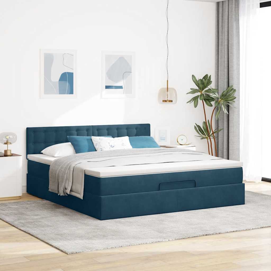 Cadre de lit ottoman avec matelas bleu foncé 180x200 cm velours - XIOS