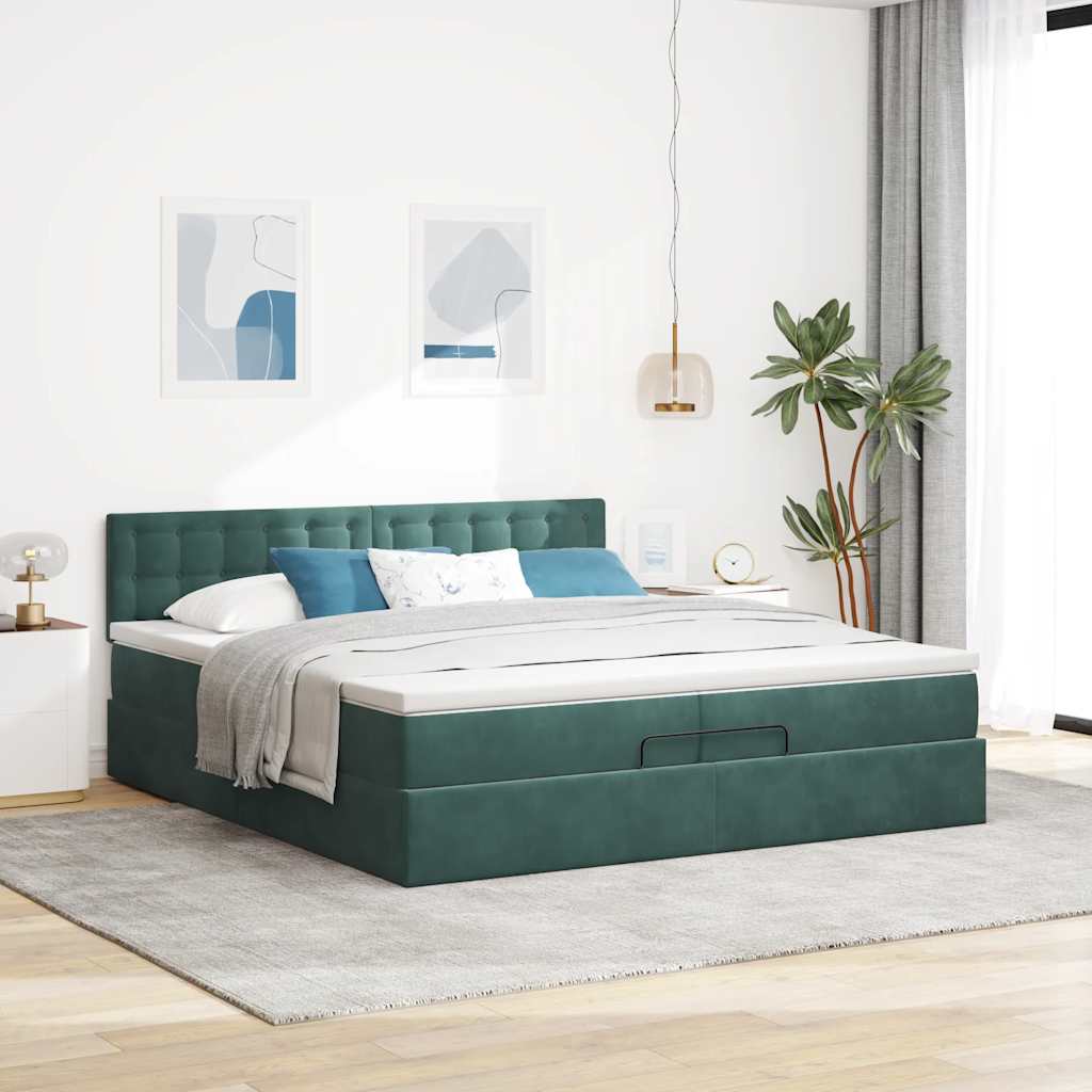 Cadre de lit ottoman avec matelas vert foncé 200x200 cm velours - XIOS
