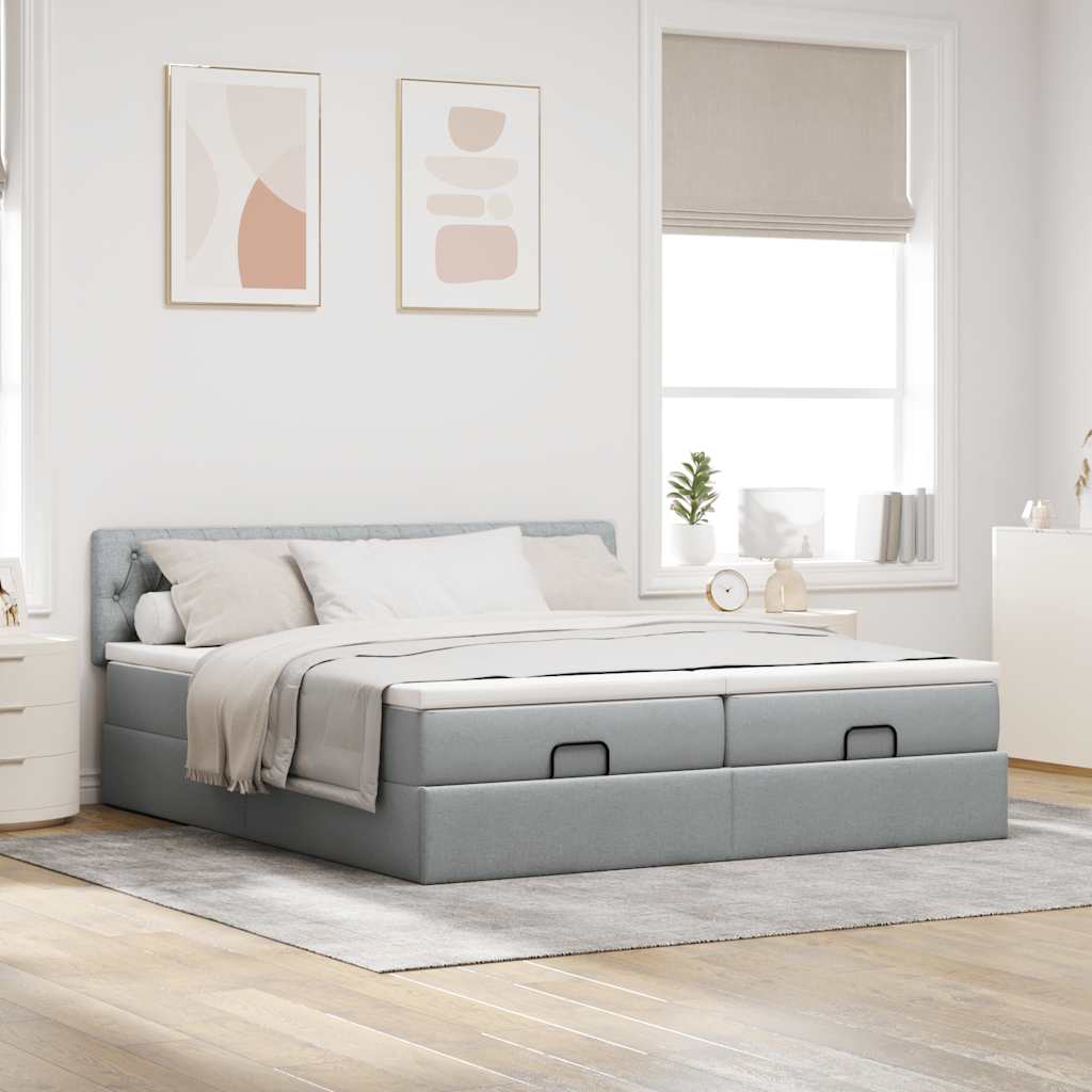 Cadre de lit ottoman et matelas gris clair 180x200cm tissu - XIOS