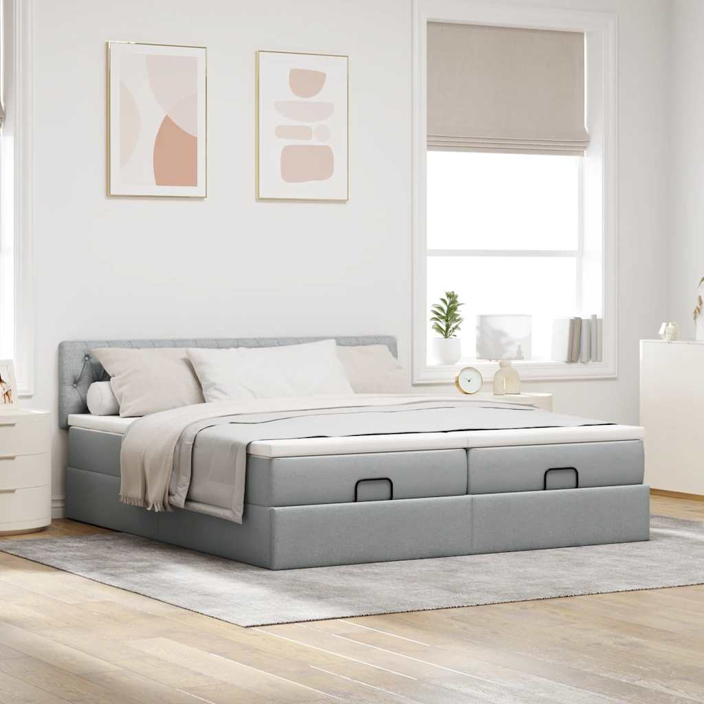 Cadre de lit ottoman et matelas gris clair 200x200cm tissu - XIOS
