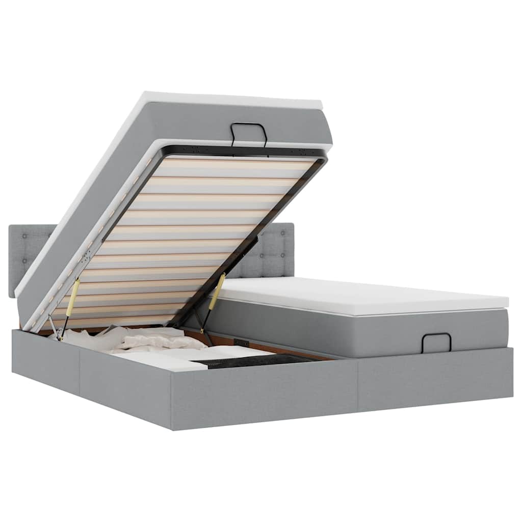 Cadre de lit ottoman et matelas gris clair 200x200cm tissu - XIOS