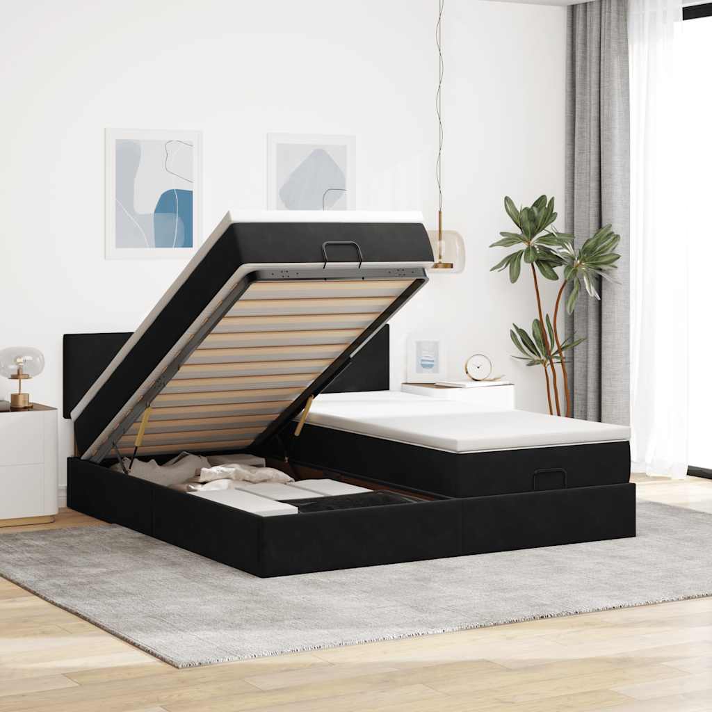 Cadre de lit ottoman avec matelas noir 160x200 cm velours - XIOS