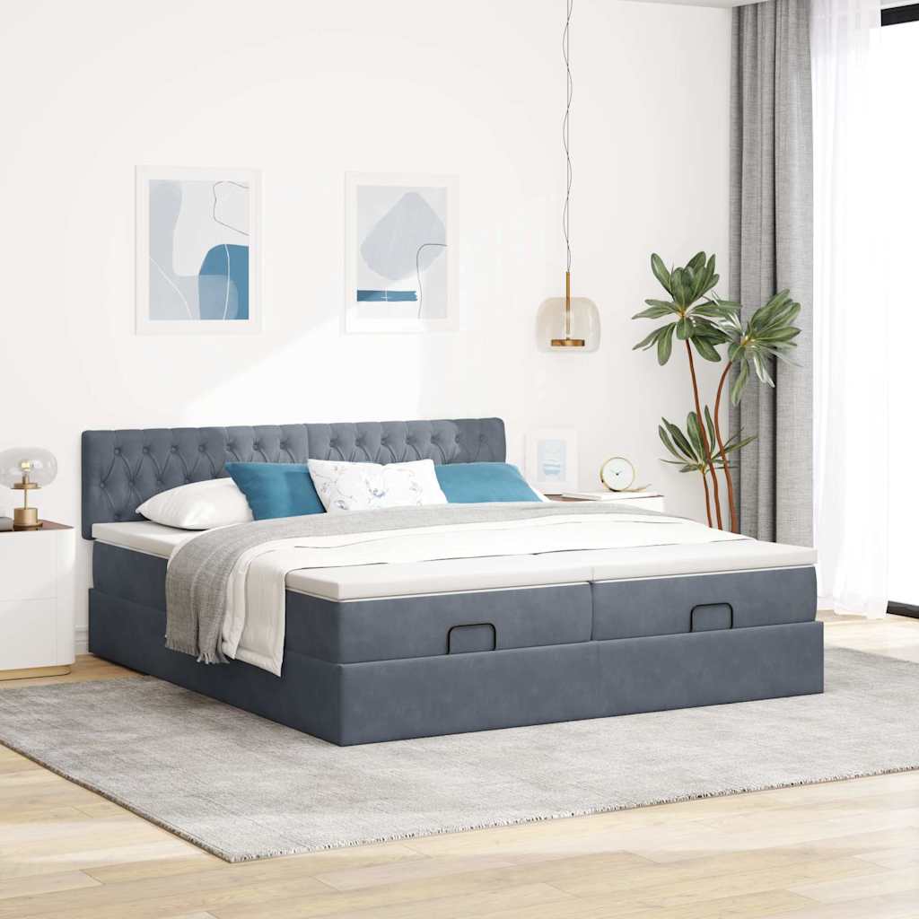Cadre de lit ottoman avec matelas gris foncé 160x200cm velours - XIOS