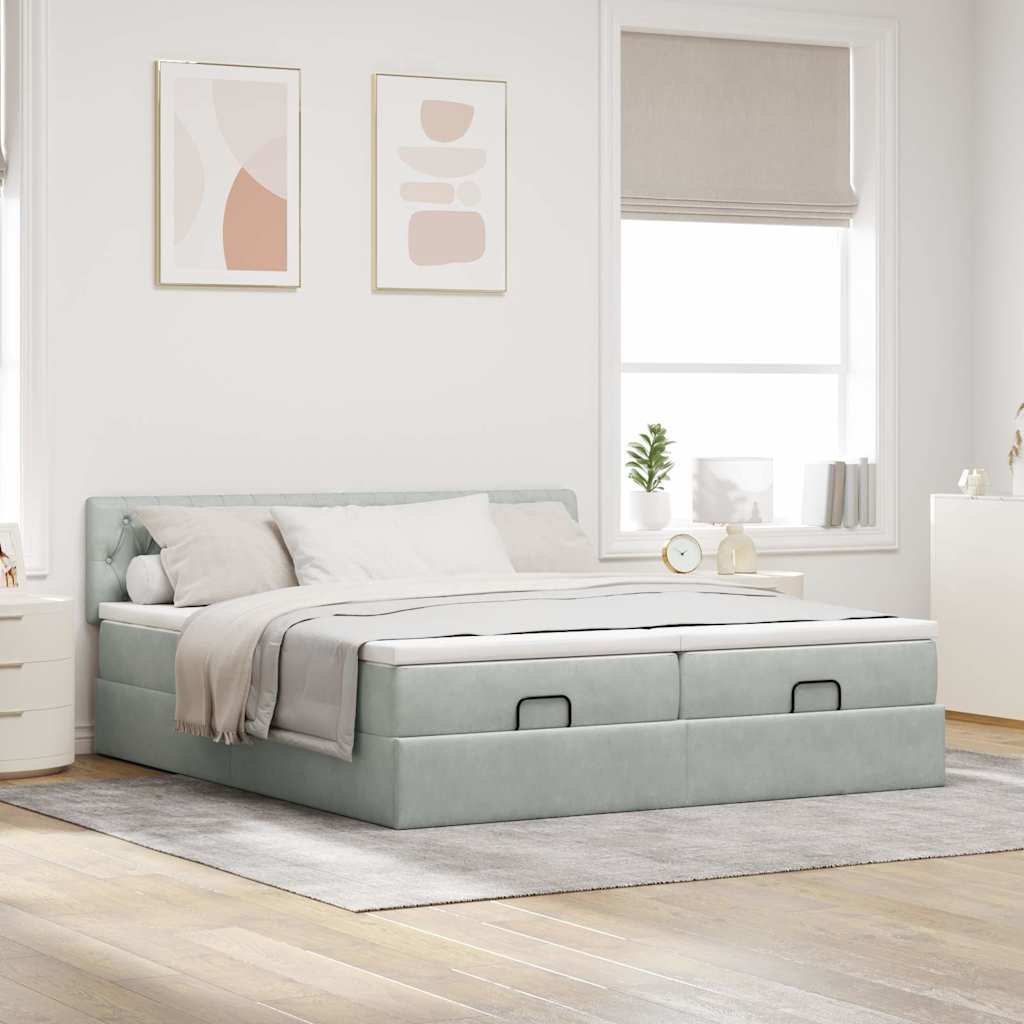 Cadre de lit ottoman avec matelas gris clair 200x200 cm velours - XIOS