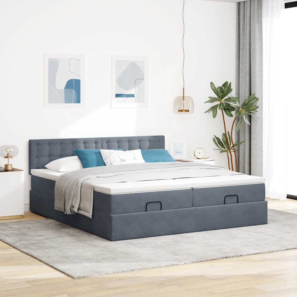 Cadre de lit ottoman avec matelas gris foncé 180x200cm velours - XIOS