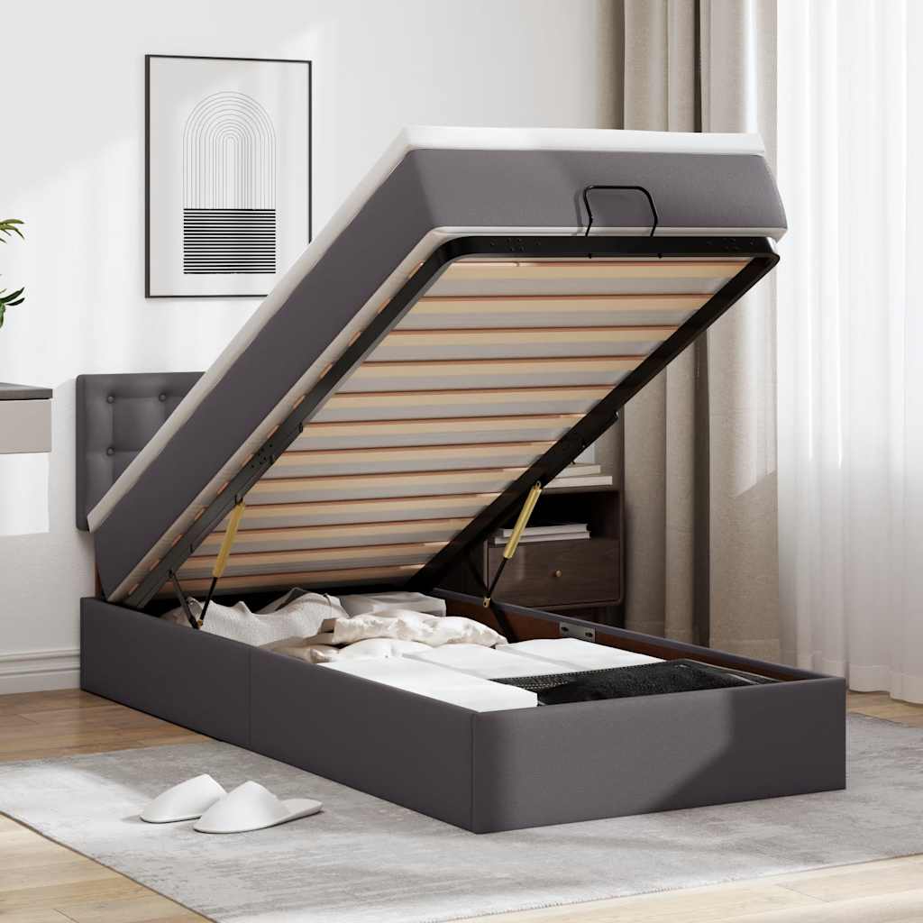 Cadre de lit ottoman avec matelas gris 80x200 cm similicuir - XIOS