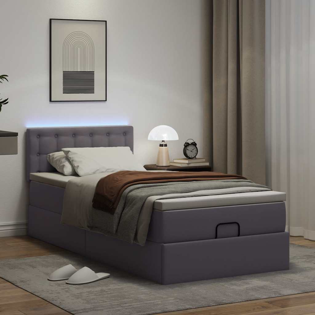 Cadre de lit ottoman avec matelas gris 90x200 cm similicuir - XIOS