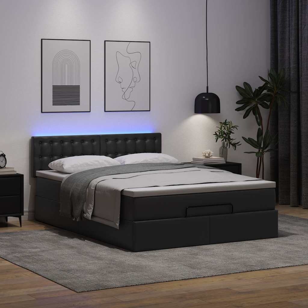 Lit ottoman avec matelas & LED Noir 140x200cm similicuir