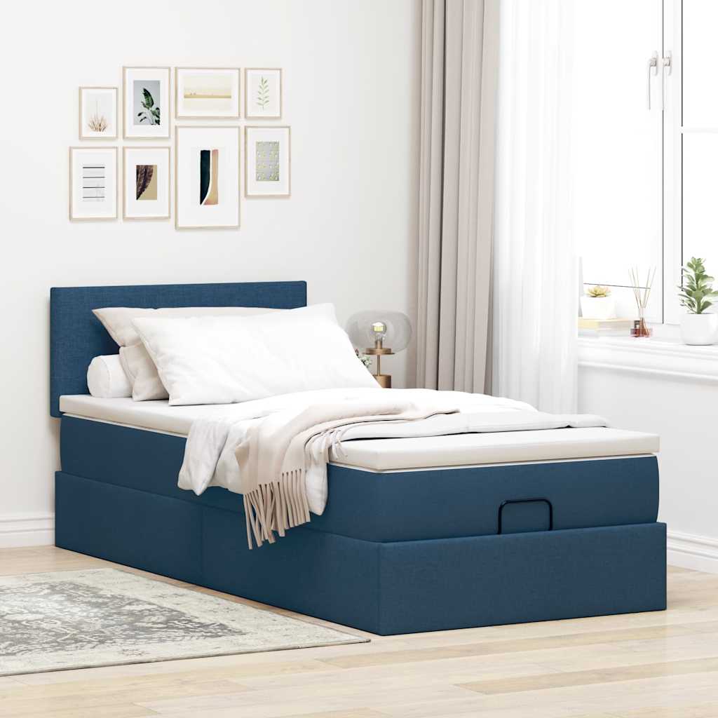 Cadre de lit ottoman avec matelas bleu 90x190 cm tissu - XIOS
