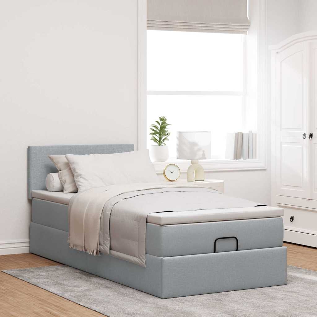 Lit ottoman avec matelas et LED gris clair 90x200 cm tissu - XIOS
