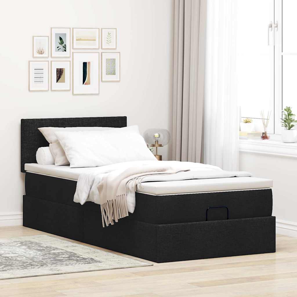 Lit ottoman avec matelas noir 90x200 cm tissu - XIOS