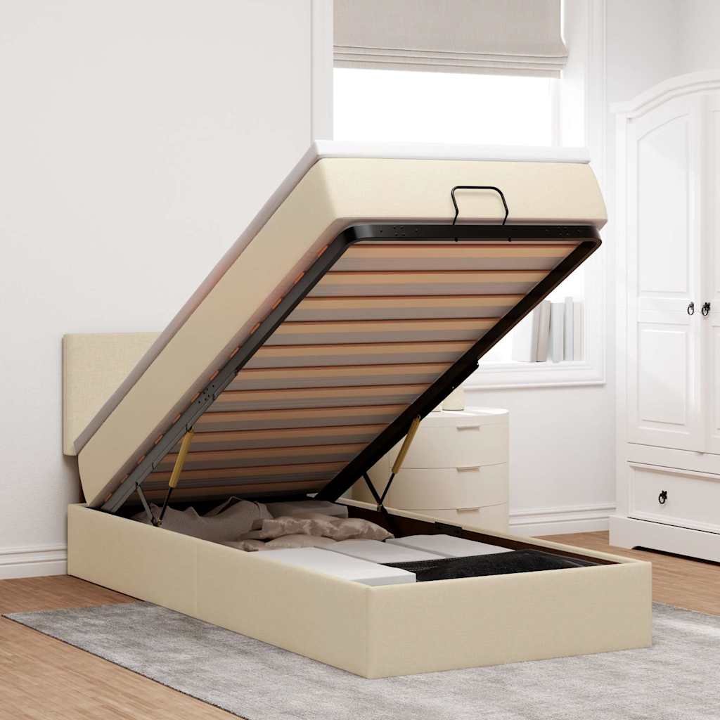 Lit ottoman avec matelas et LED crème 90x200 cm tissu - XIOS