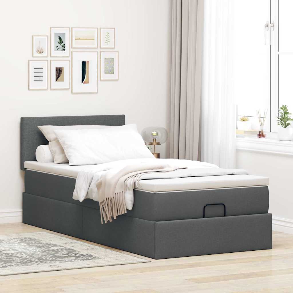 Cadre de lit ottoman avec matelas gris foncé 100x200 cm tissu - XIOS