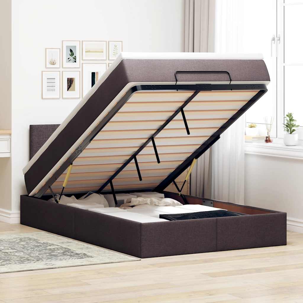 Cadre de lit ottoman avec matelas marron foncé 120x190 cm tissu - XIOS