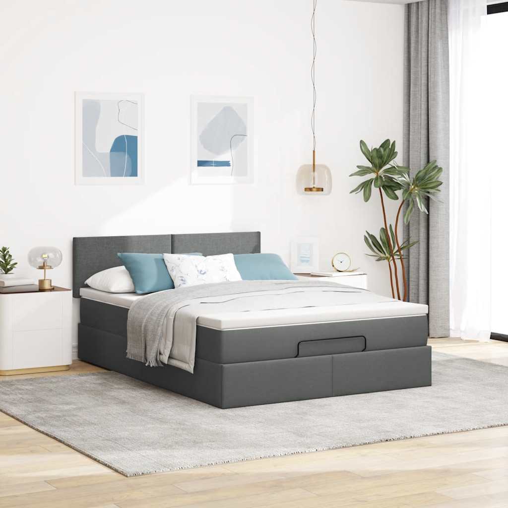 Lit ottoman avec matelas et LED gris foncé 140x190 cm tissu
