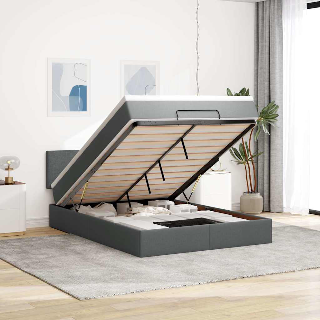 Lit ottoman avec matelas et LED gris foncé 140x190 cm tissu