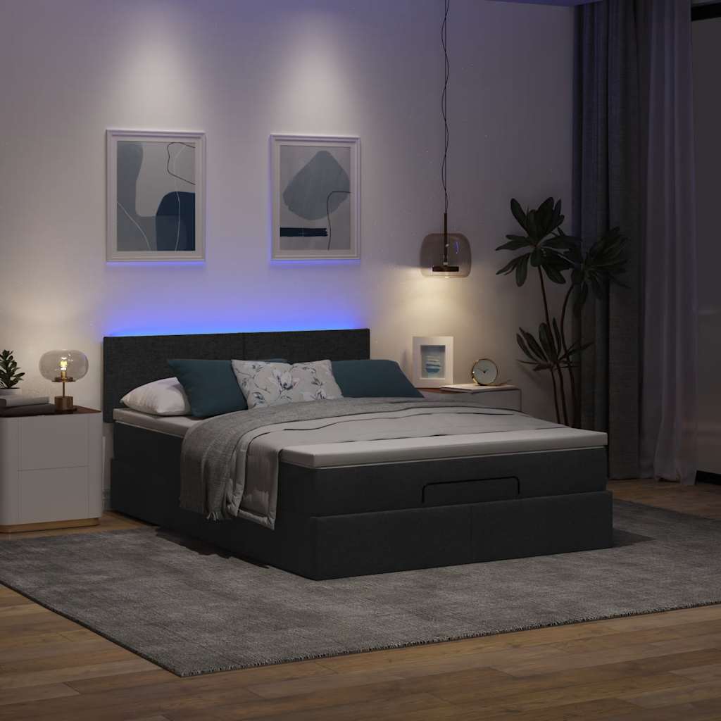 Lit ottoman avec matelas et LED noir 140x190 cm tissu