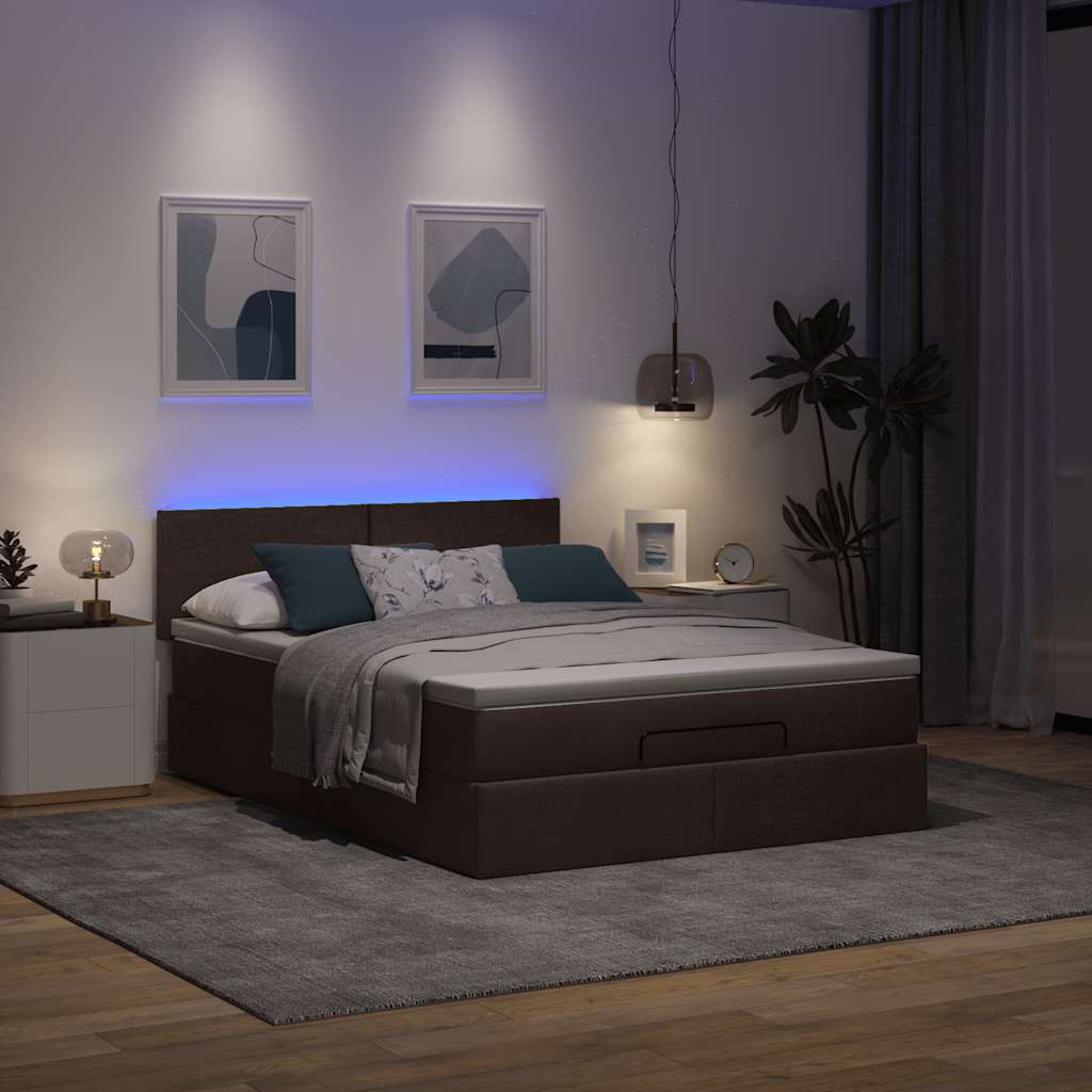 Lit ottoman avec matelas et LED marron foncé 140x190 cm tissu - XIOS