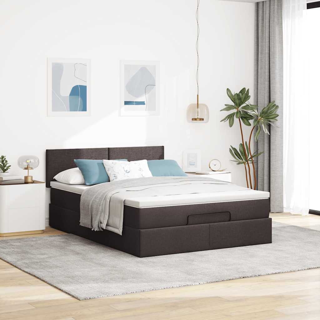 Lit ottoman avec matelas et LED marron foncé 140x190 cm tissu - XIOS