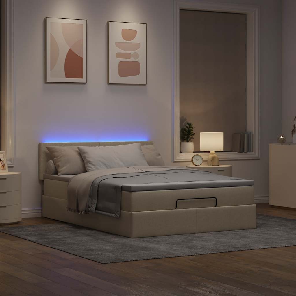 Lit ottoman avec matelas et LED crème 140x190 cm tissu