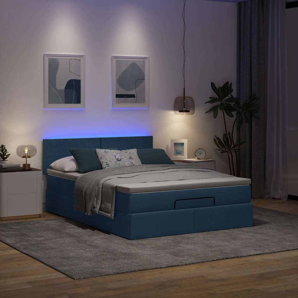 Lit ottoman avec matelas et LED bleu 140x190 cm tissu