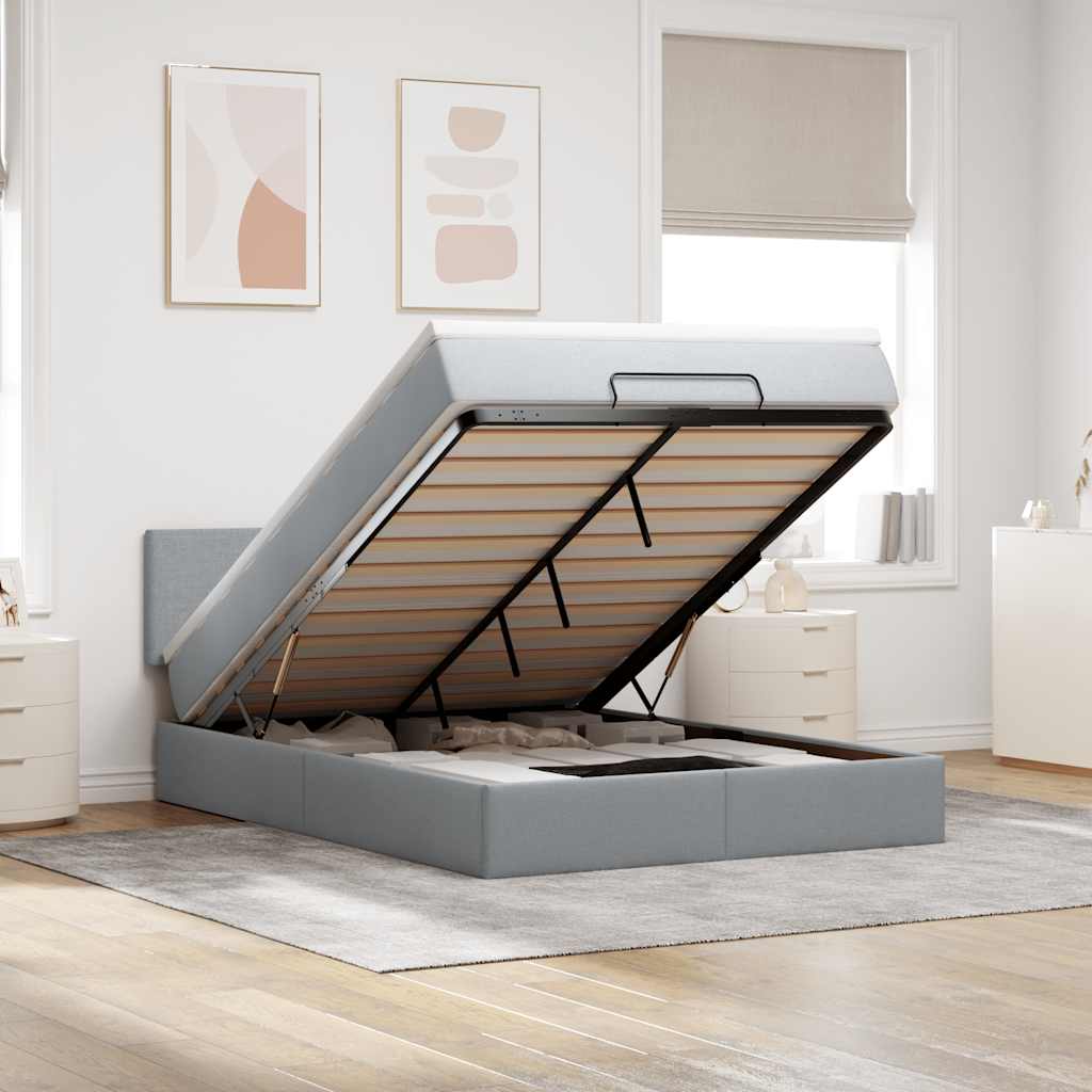 Cadre de lit ottoman et matelas gris clair 140x200 cm tissu