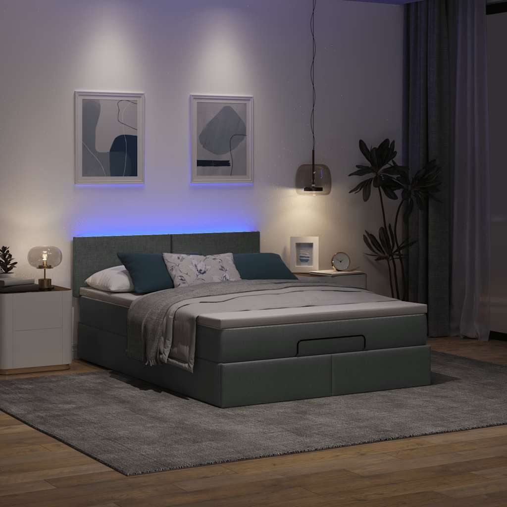 Lit ottoman avec matelas et LED gris foncé 140x200 cm tissu