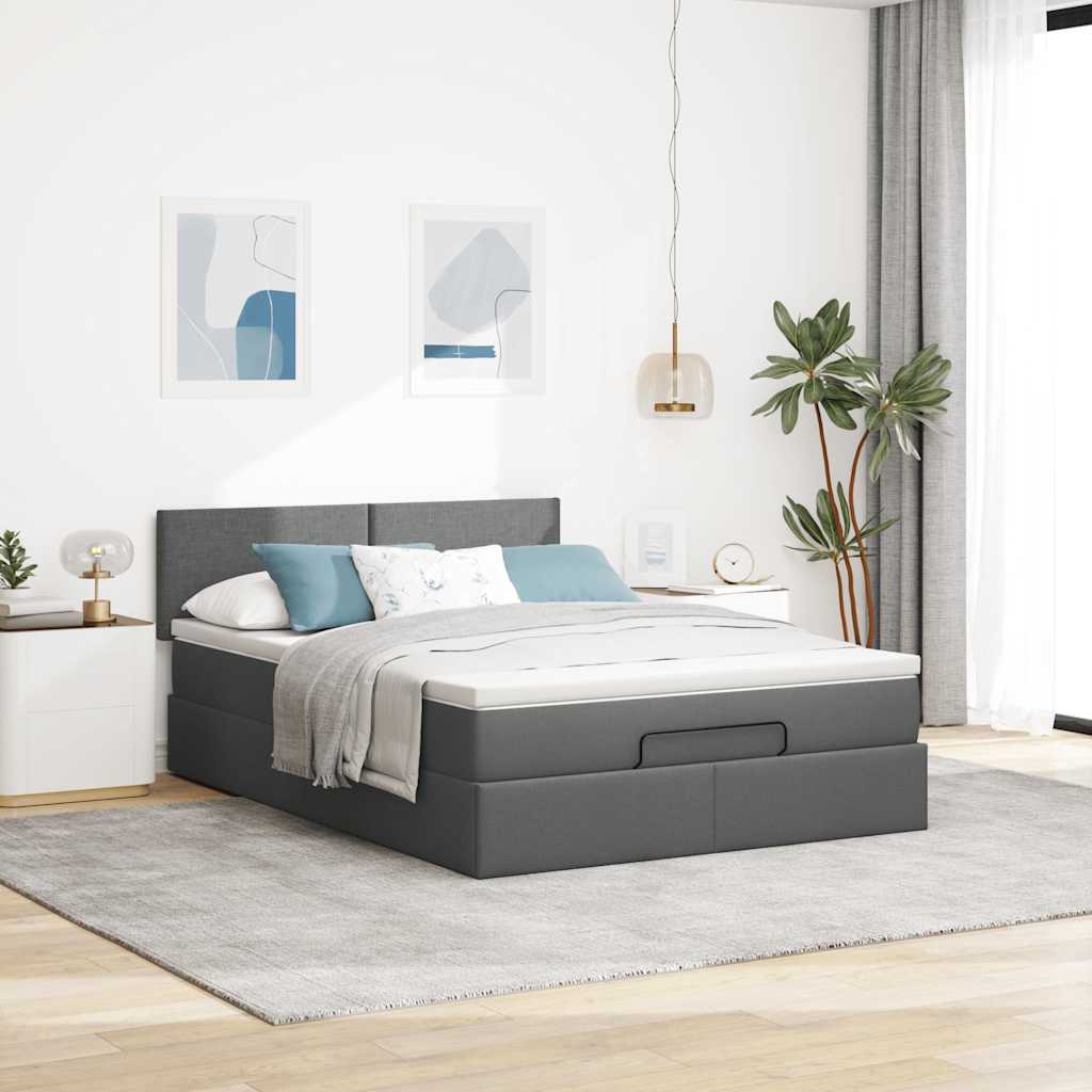 Lit ottoman avec matelas et LED gris foncé 140x200 cm tissu