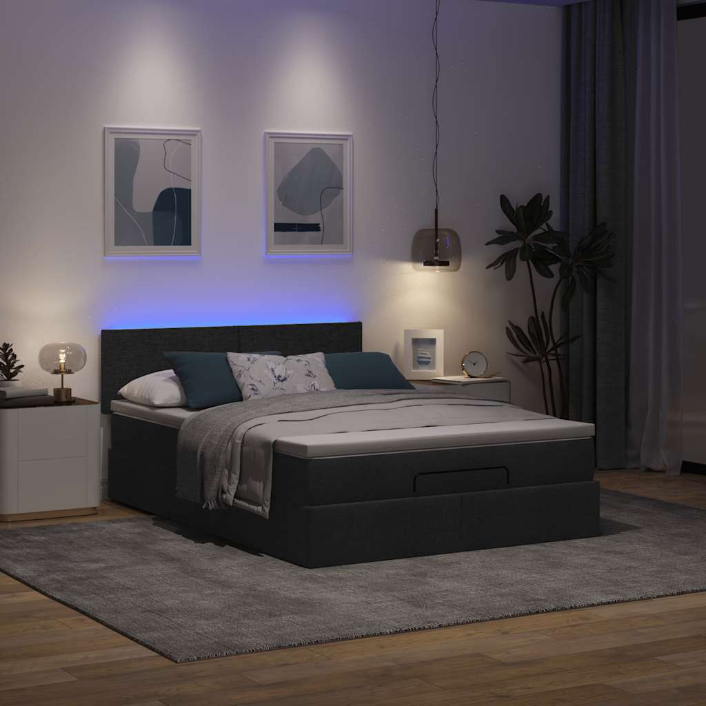 Lit ottoman avec matelas et LED noir 140x200 cm tissu