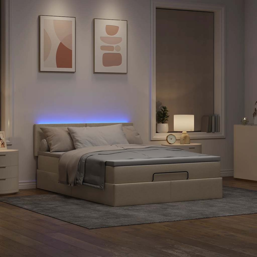 Lit ottoman avec matelas et LED crème 140x200 cm tissu - XIOS
