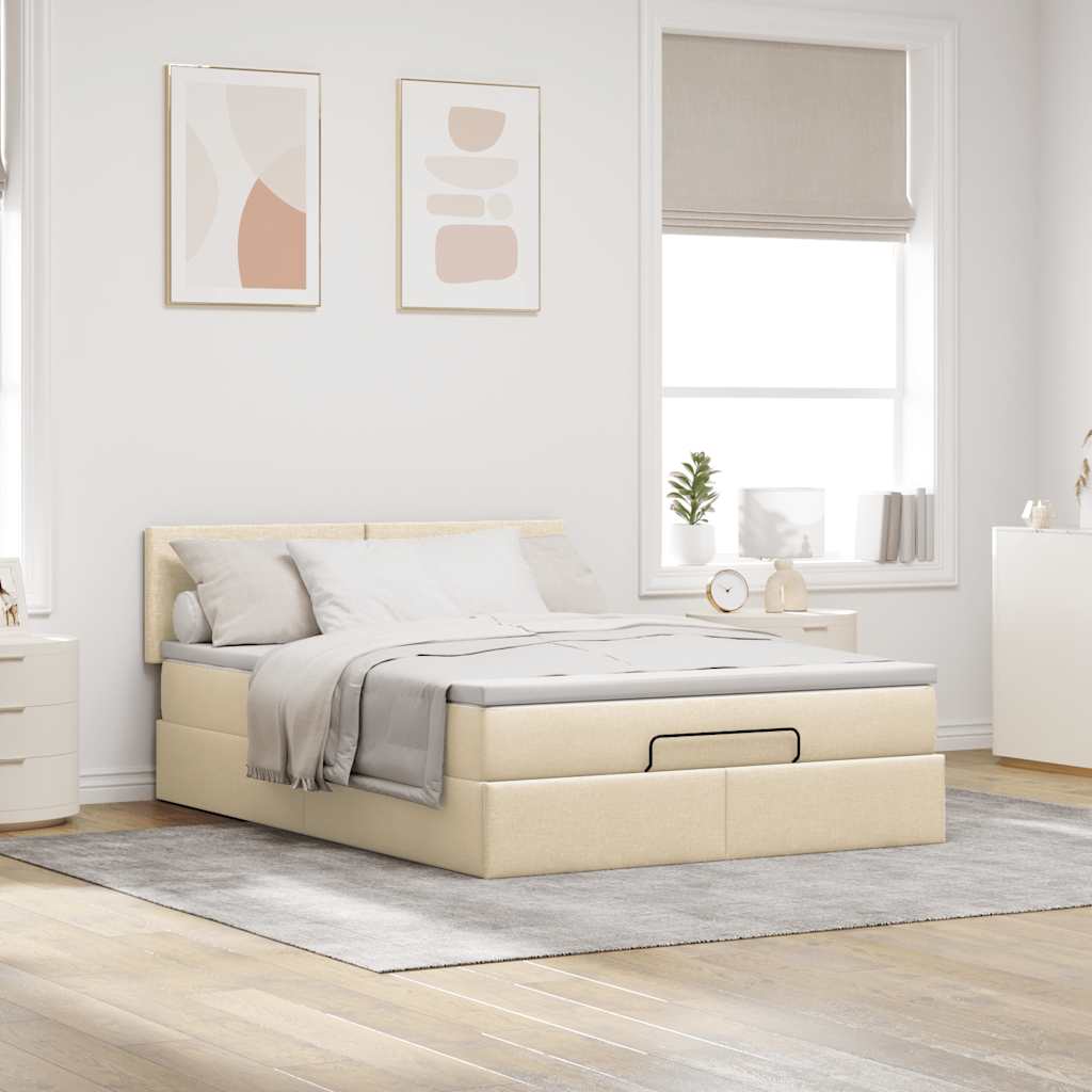 Lit ottoman avec matelas et LED crème 140x200 cm tissu - XIOS