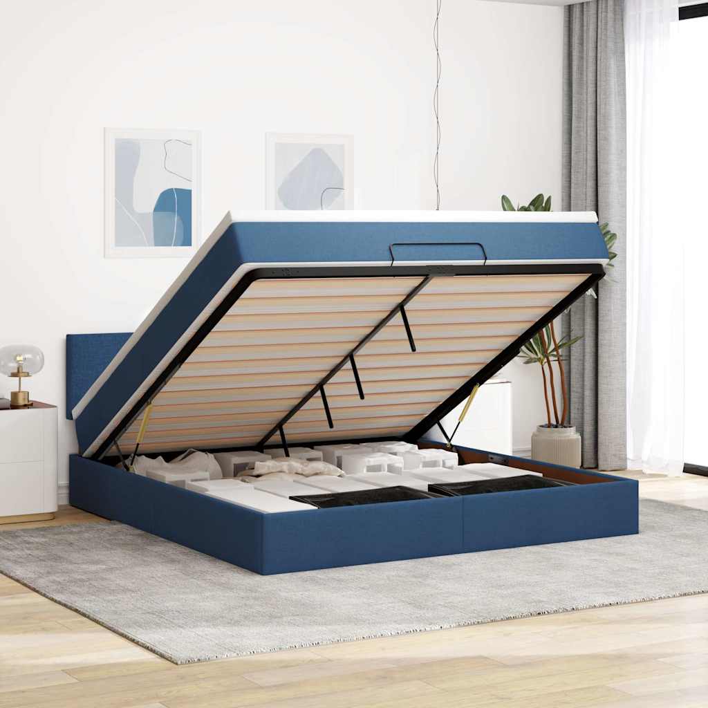 Cadre de lit ottoman avec matelas bleu 160x200 cm tissu - XIOS