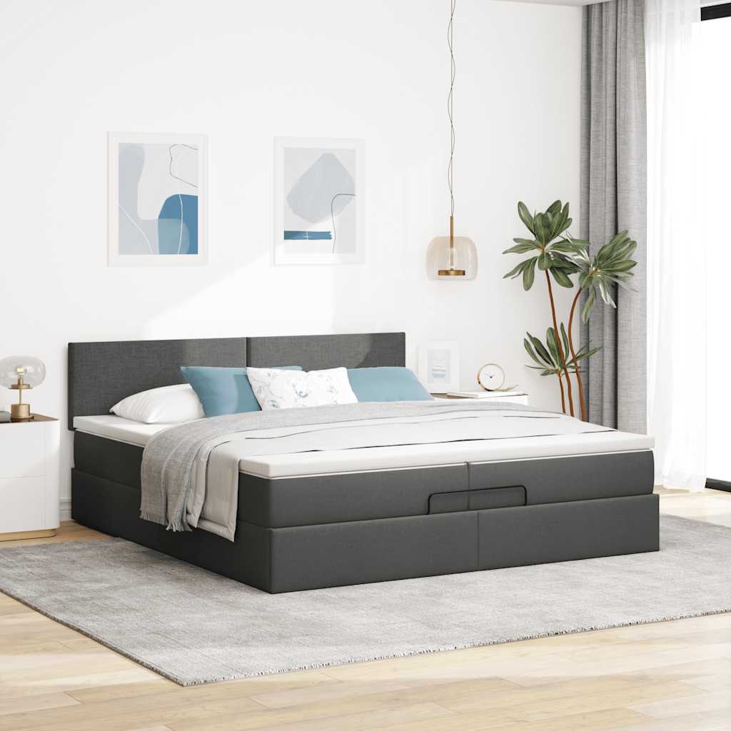 Cadre de lit ottoman avec matelas gris foncé 200x200cm tissu - XIOS