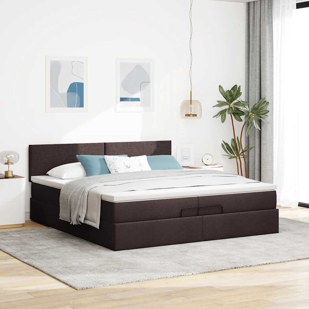 Cadre de lit ottoman avec matelas marron foncé 200x200 cm tissu - XIOS
