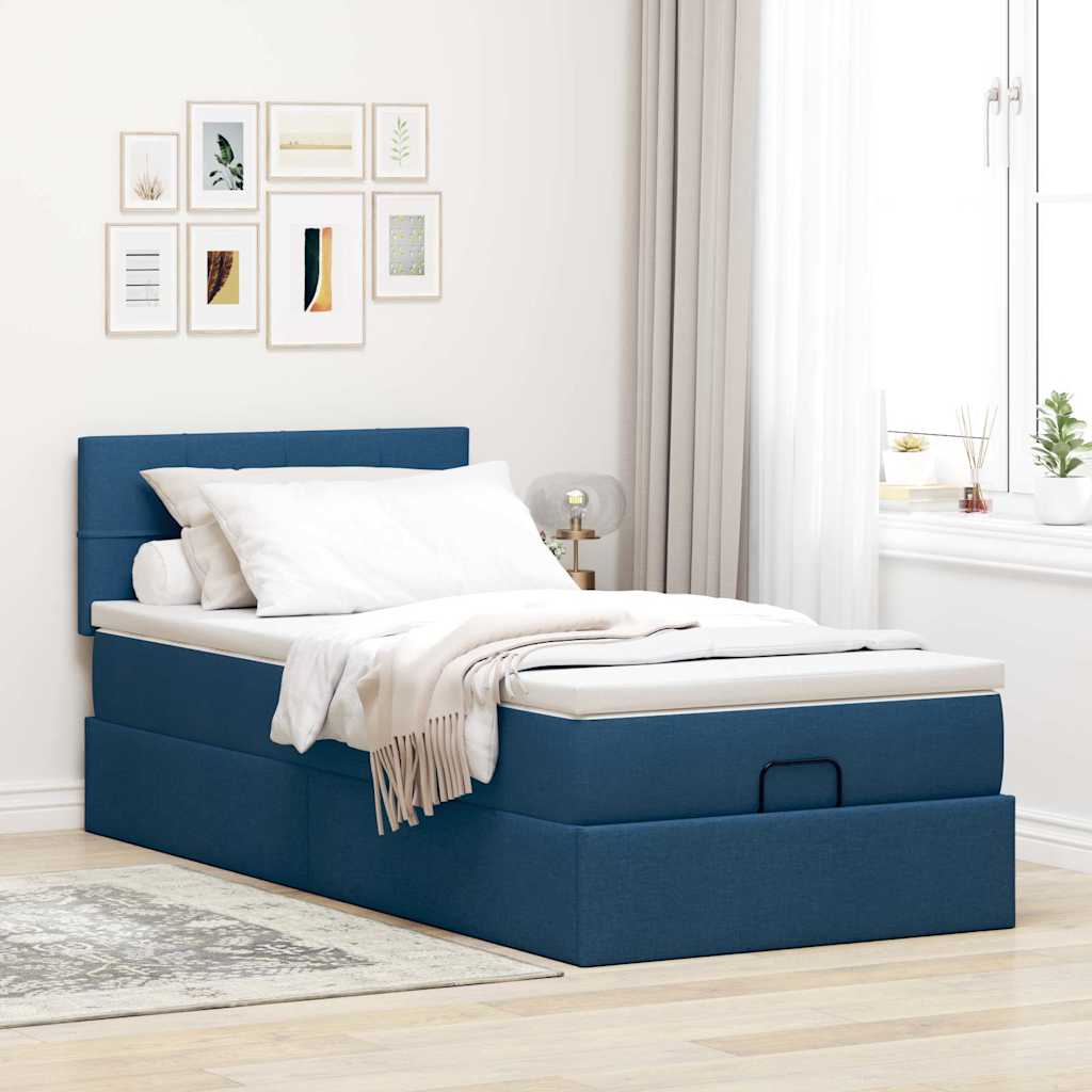 Cadre de lit ottoman avec matelas bleu 80x200 cm tissu - XIOS