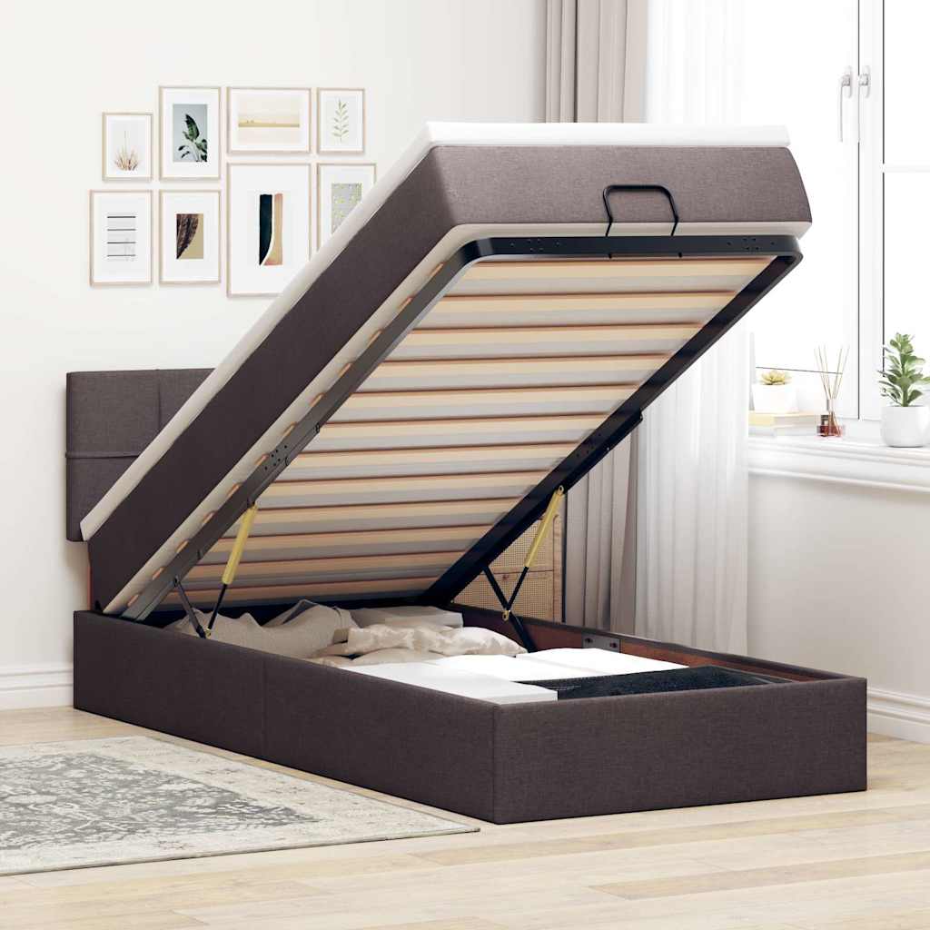 Cadre de lit ottoman avec matelas marron foncé 90x190 cm tissu - XIOS