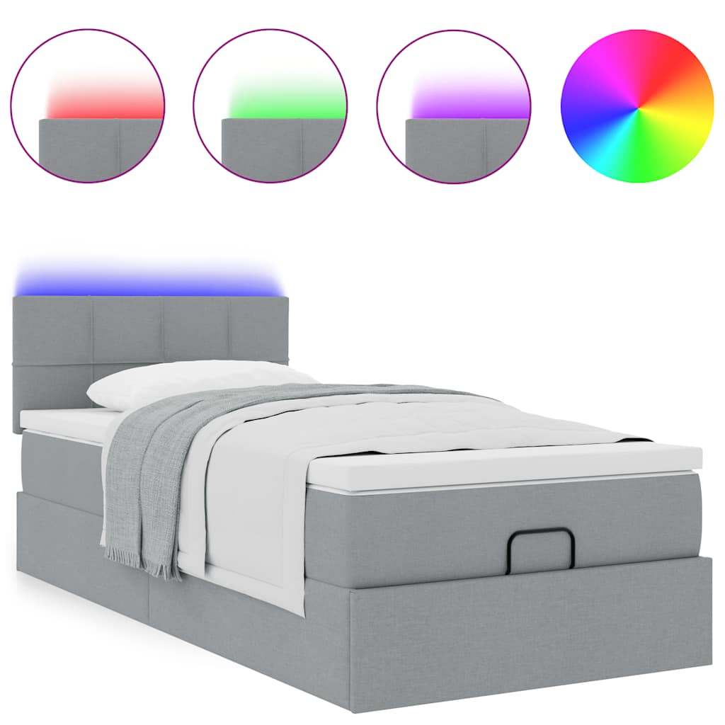 Lit ottoman avec matelas et LED gris clair 90x200 cm tissu - XIOS