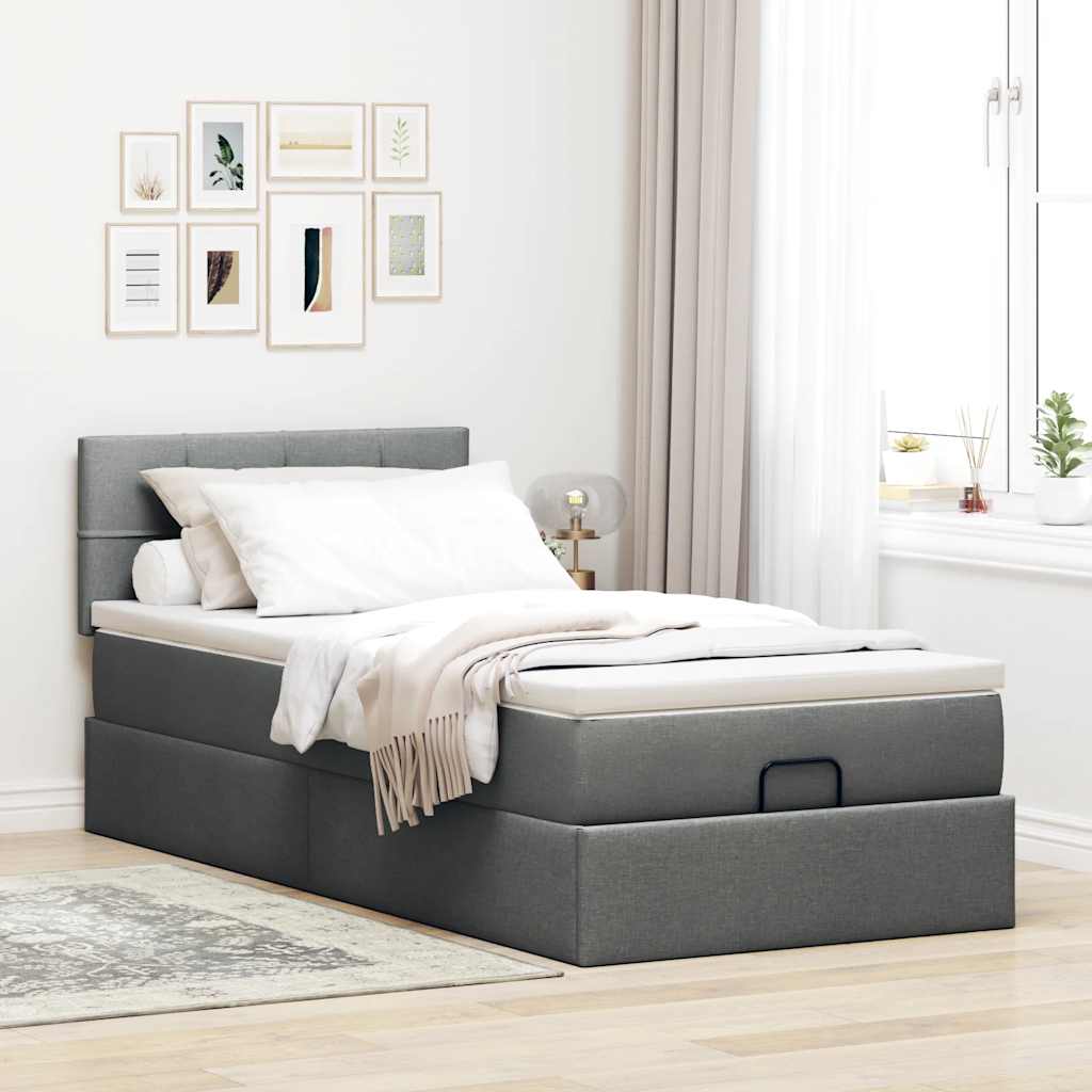 Lit ottoman avec matelas et LED gris foncé 90x200 cm tissu - XIOS
