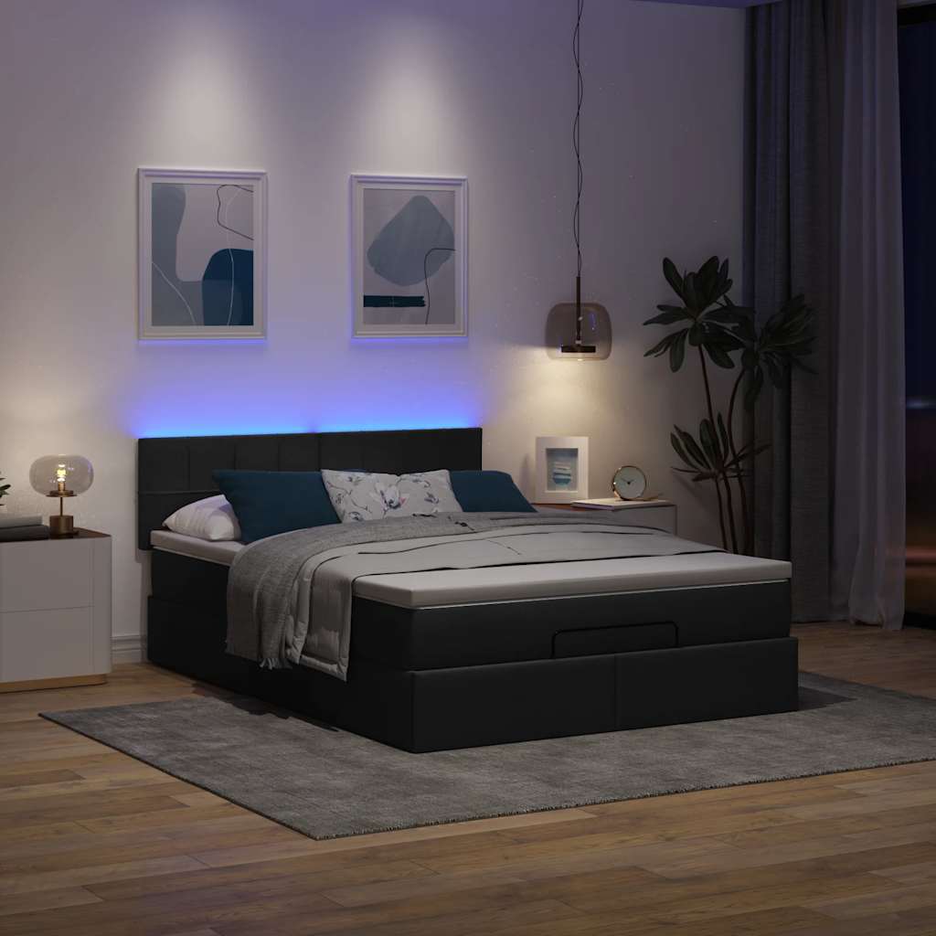 Lit ottoman avec matelas et LED noir 140x190 cm tissu - XIOS