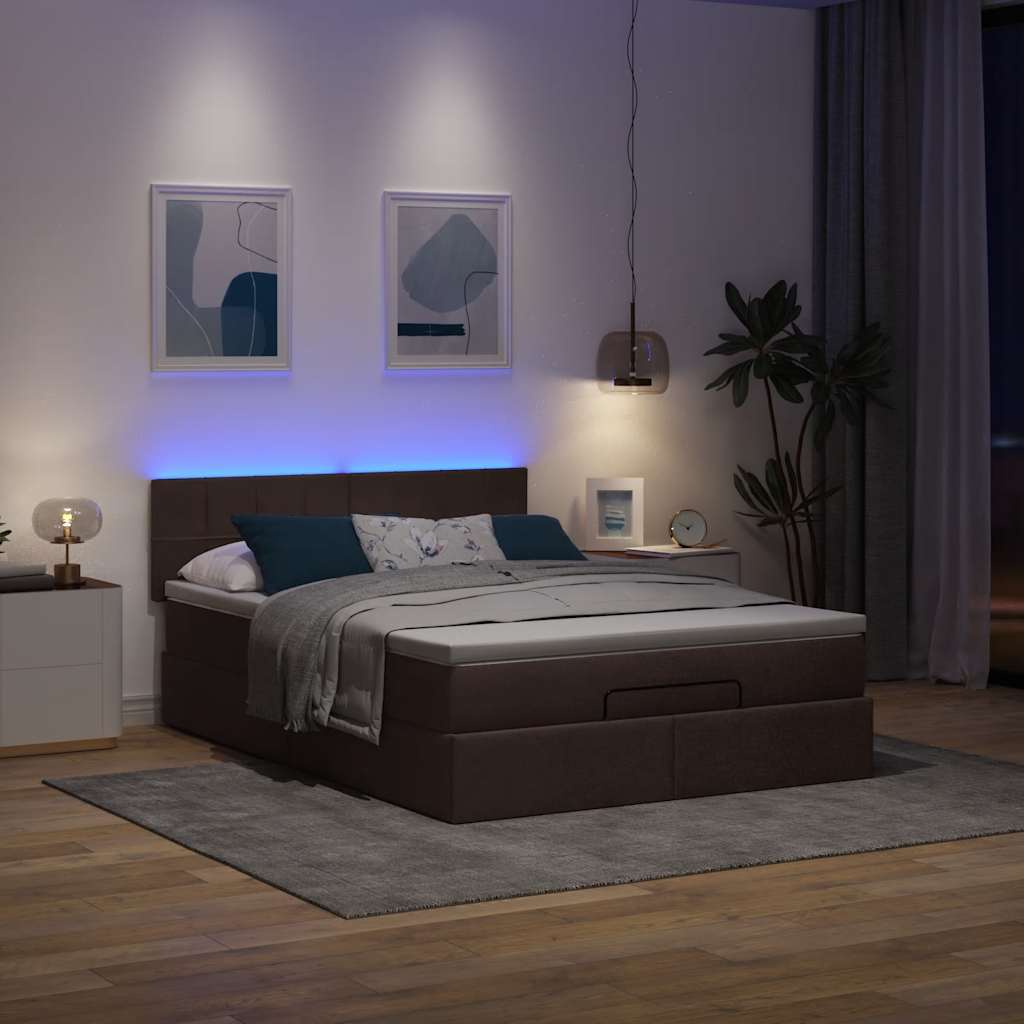 Lit ottoman avec matelas et LED marron foncé 140x190 cm tissu - XIOS