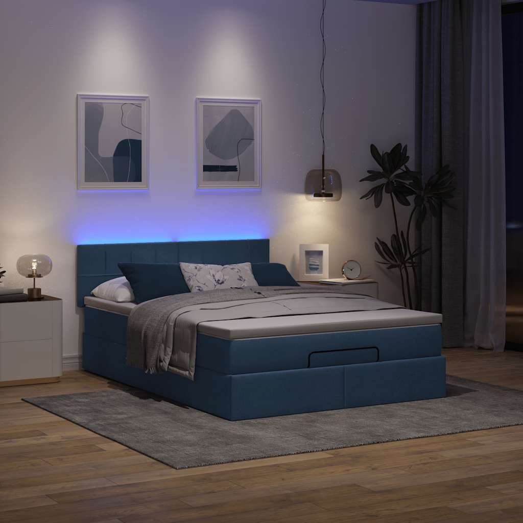 Lit ottoman avec matelas et LED bleu 140x190 cm tissu - XIOS