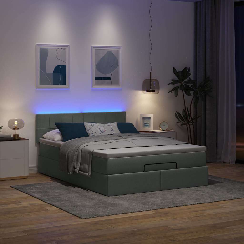 Lit ottoman avec matelas et LED gris foncé 140x200 cm tissu - XIOS