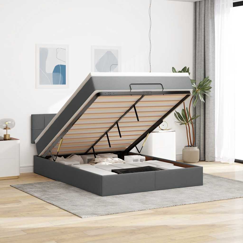 Lit ottoman avec matelas et LED gris foncé 140x200 cm tissu